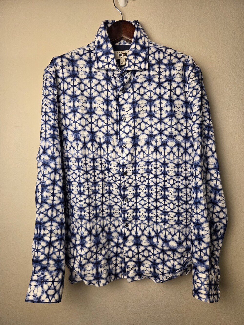 Joseph Abboud Mens Button Up Shirt Large Blue White Abstract Ikat 100% Linen